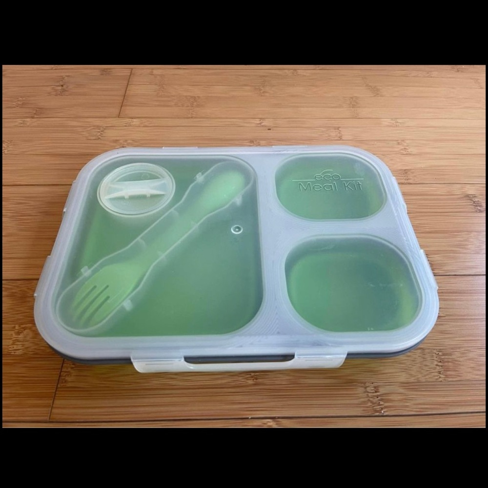 Large 3-Compartment Eco Silicone Collapsible Meal Kit Lunch Box Green leak proof